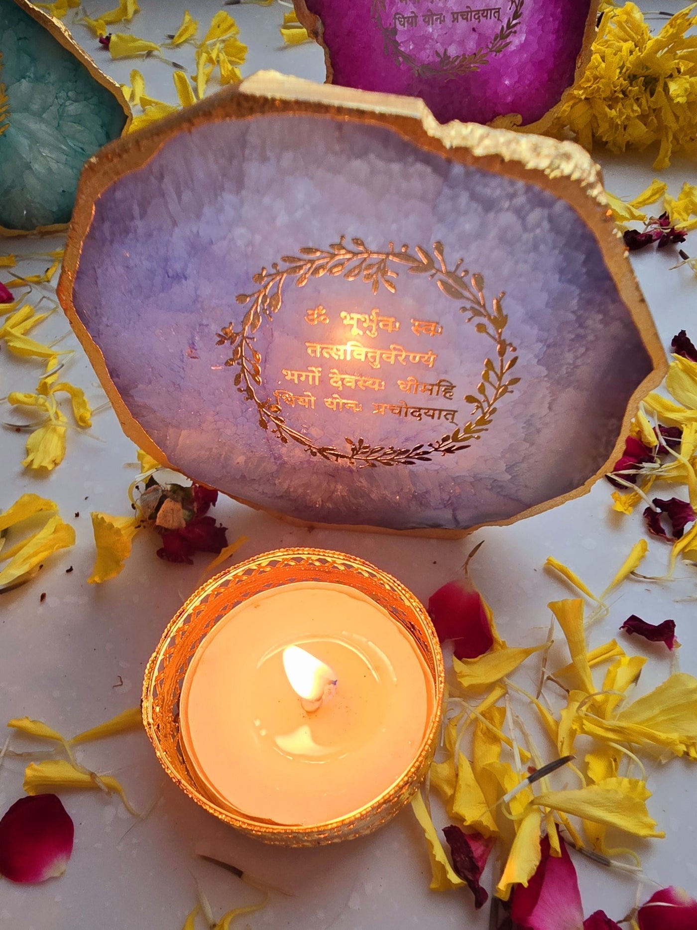 Gayatri Mantra Blue Agate Stone Tea light Festive Decor