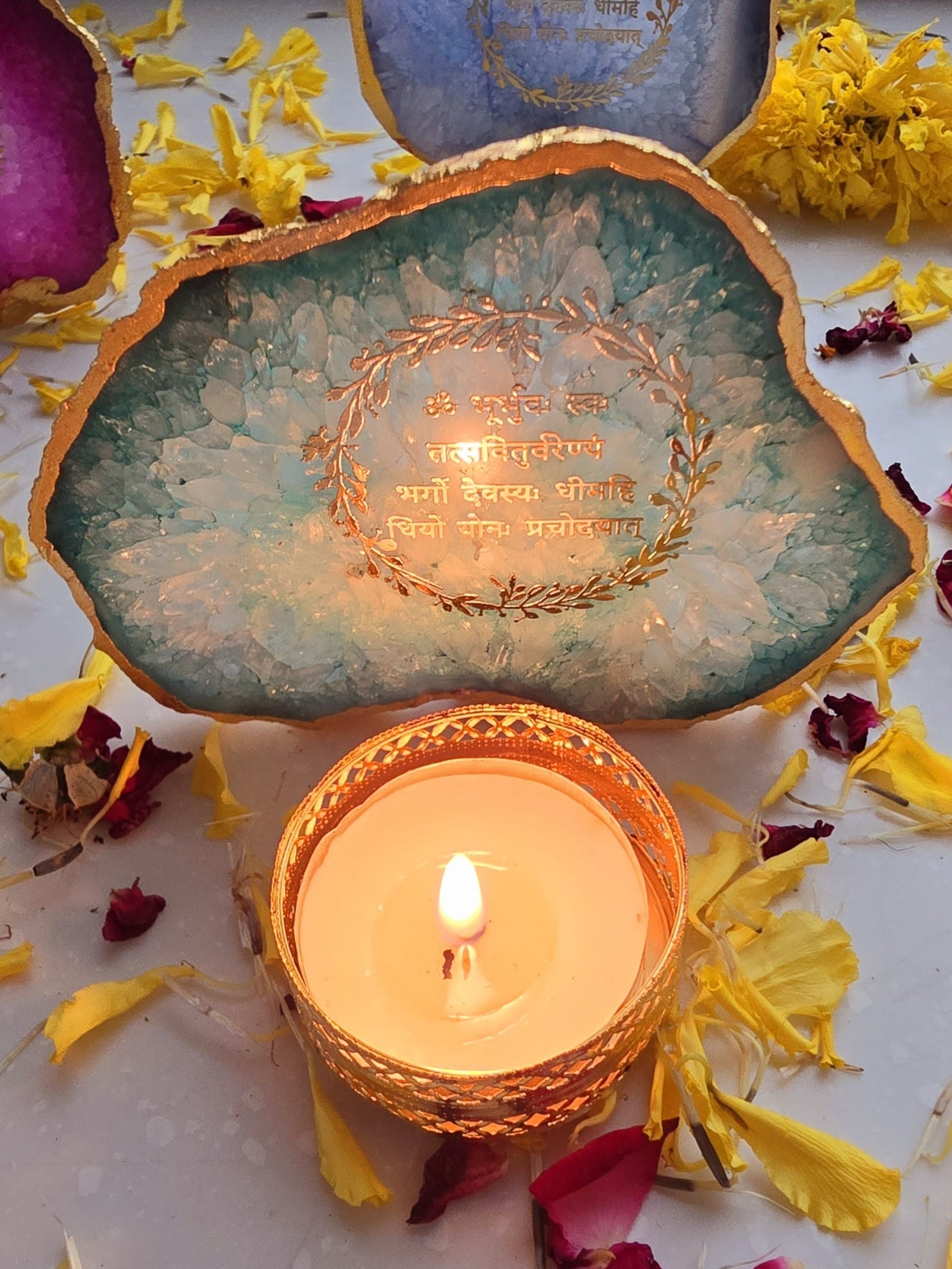 Gayatri Mantra Green Agate Stone Tea light Religious Home Decor