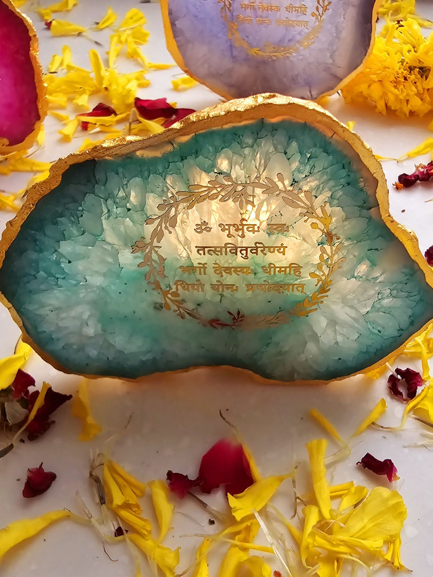 Gayatri Mantra Green Agate Stone Tea light Religious Home Decor