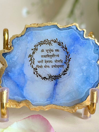 Gayatri Mantra Metal Holder with Blue Agate