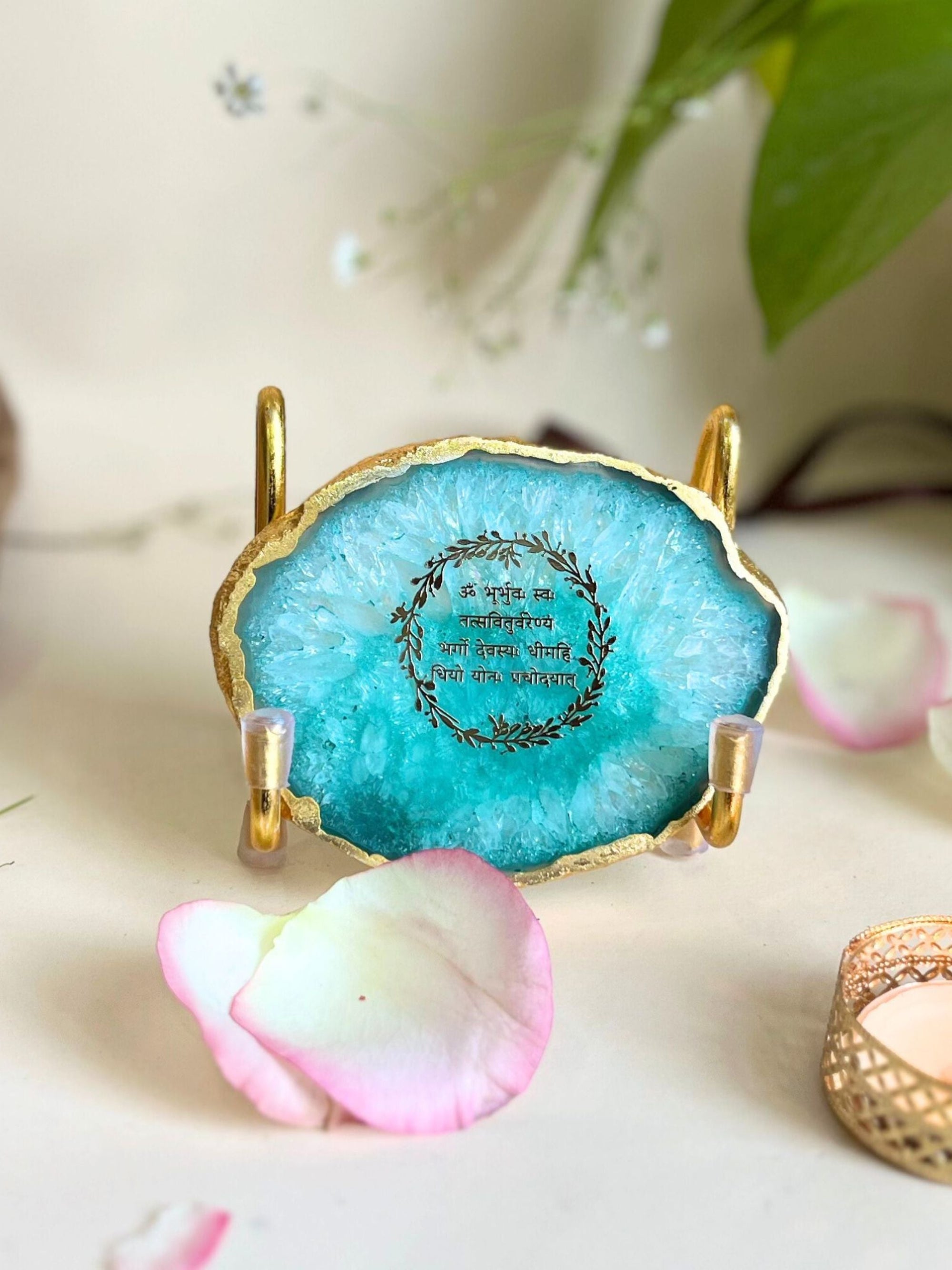 Gayatri Mantra Metal Holder with Agate