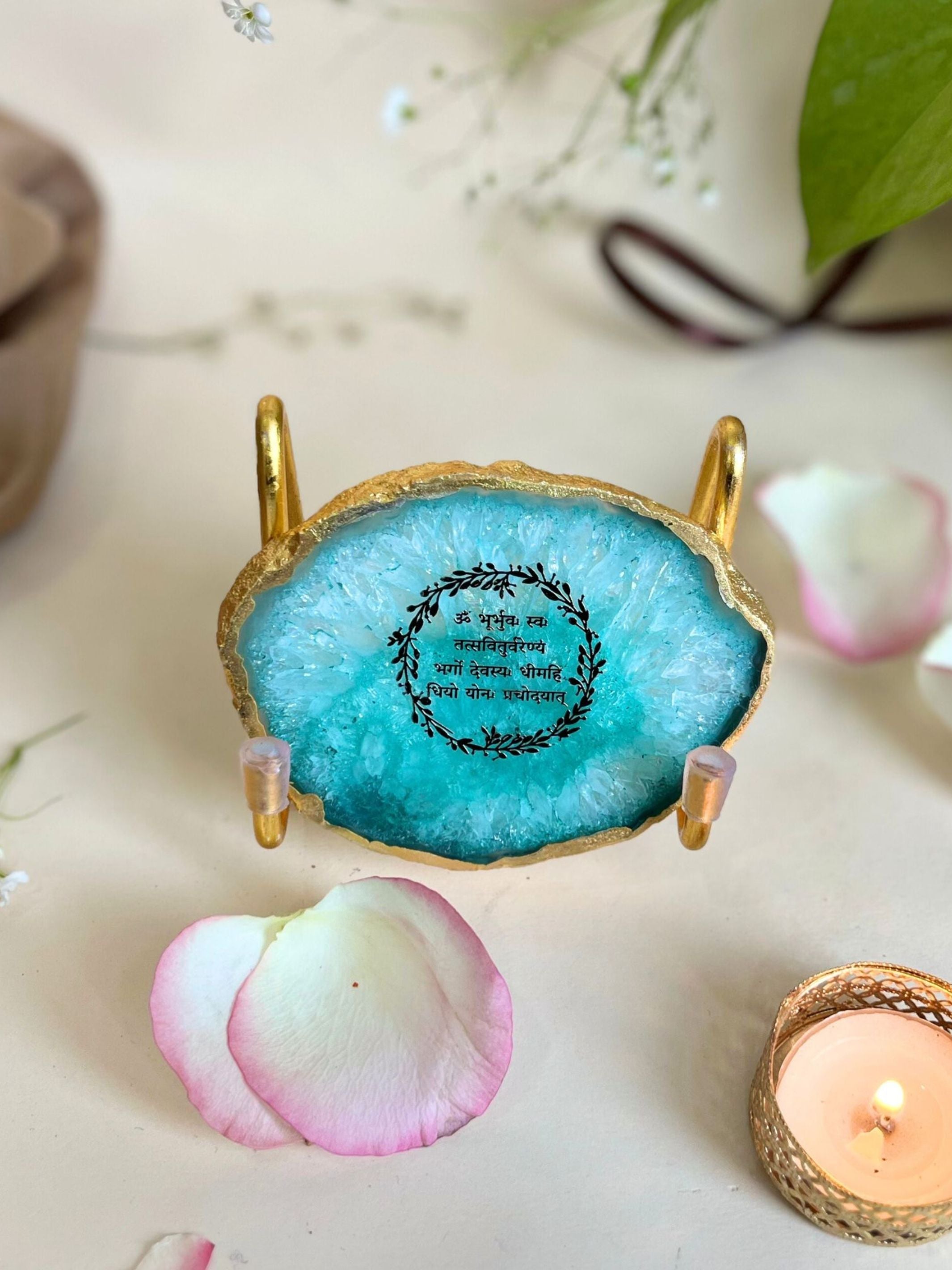 Gayatri Mantra Metal Holder with Agate