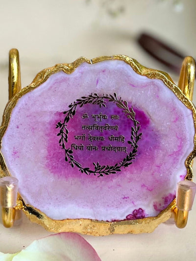 Gayatri Mantra Metal Holder with Pink Agate