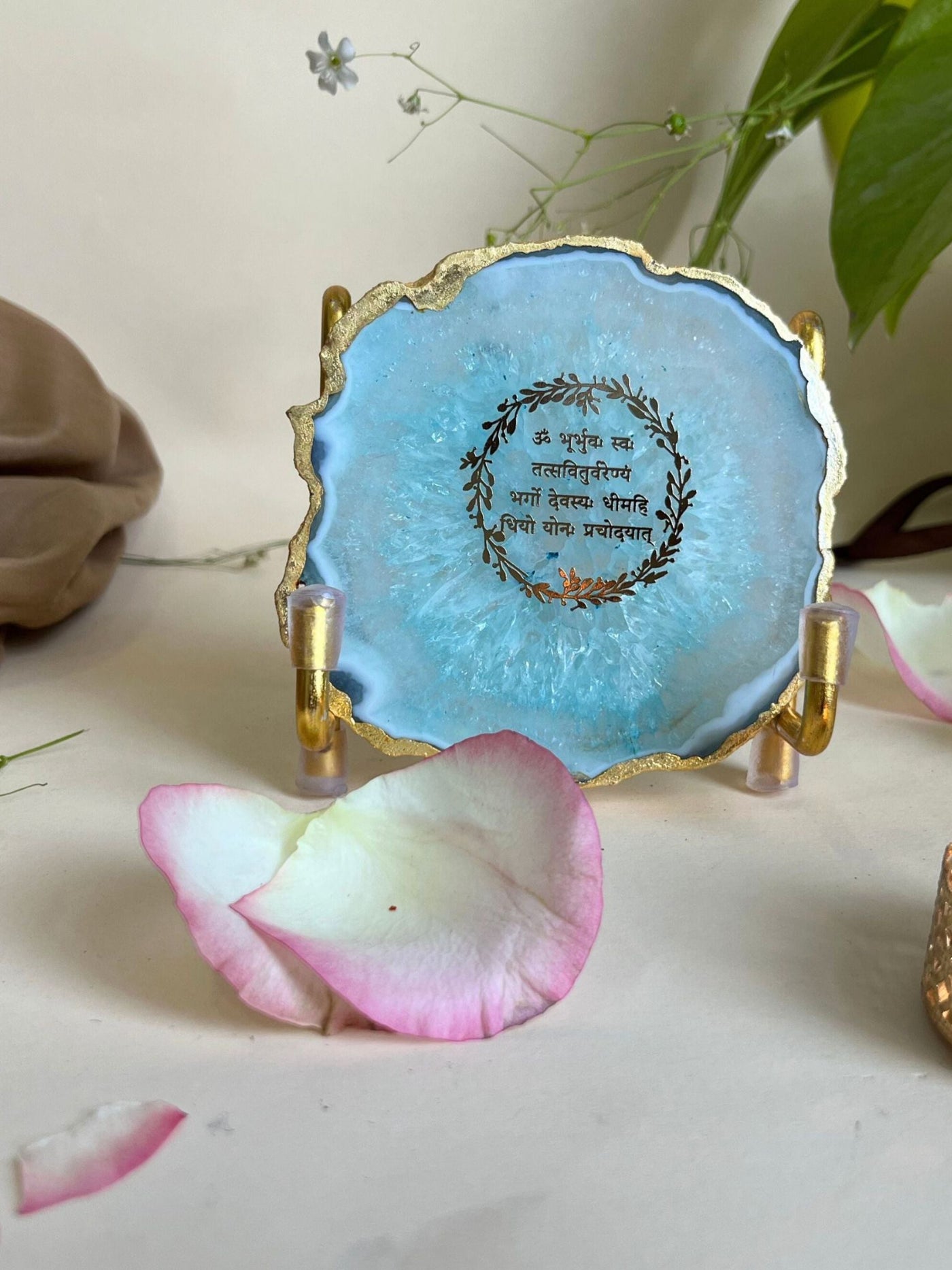 Gayatri Mantra Metal Holder with Turquoise Agate