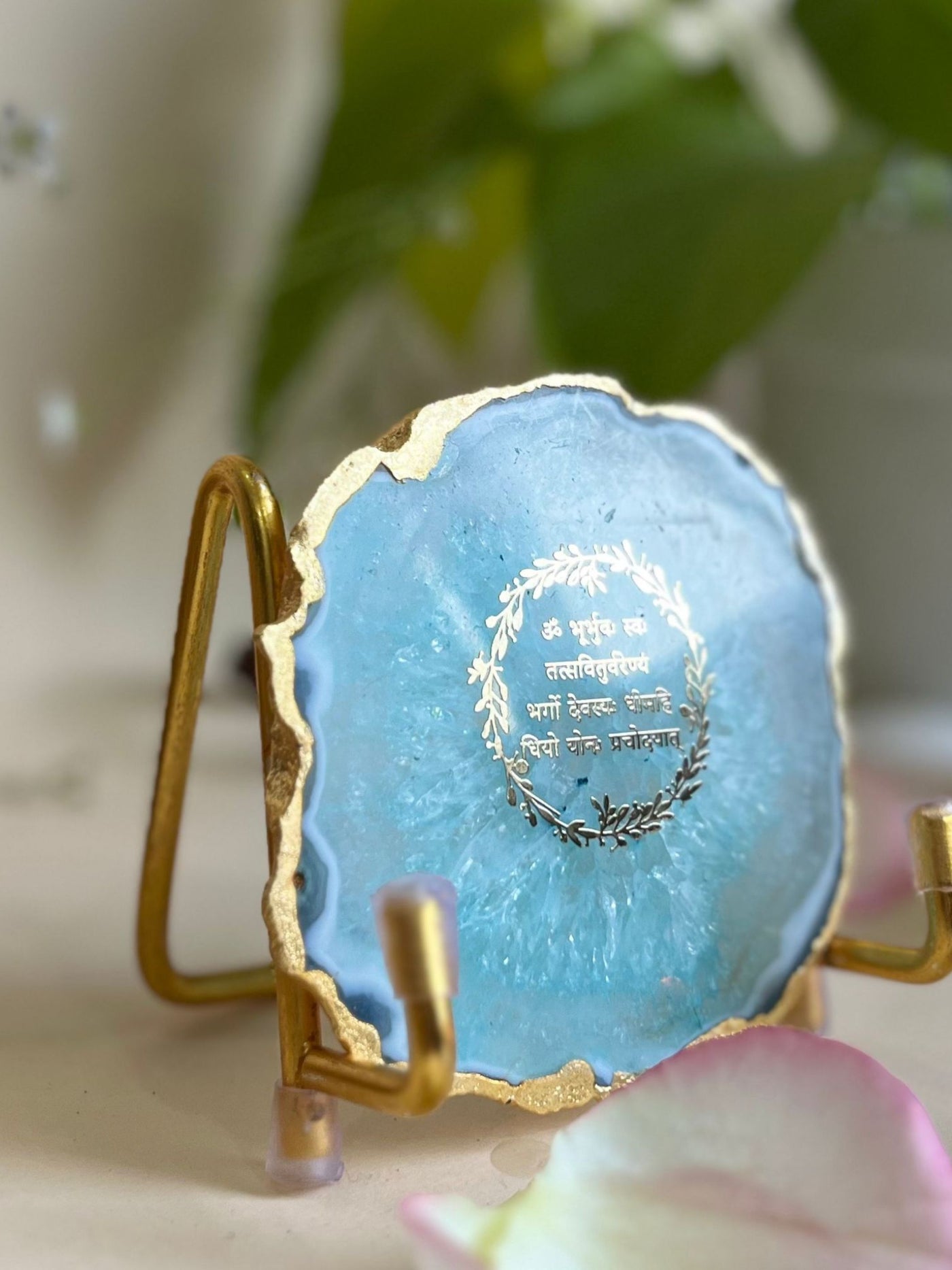 Gayatri Mantra Metal Holder with Turquoise Agate