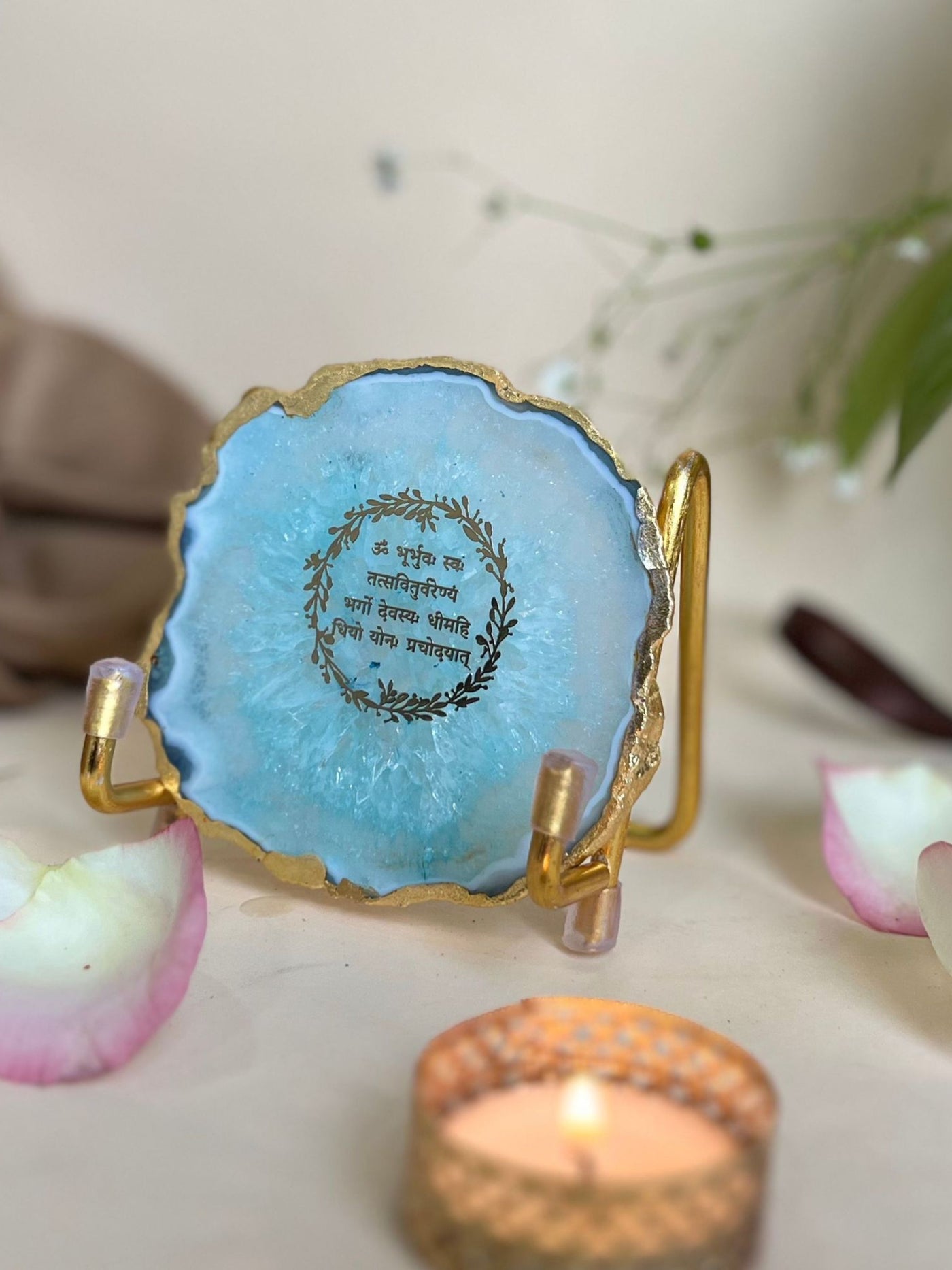 Gayatri Mantra Metal Holder with Turquoise Agate