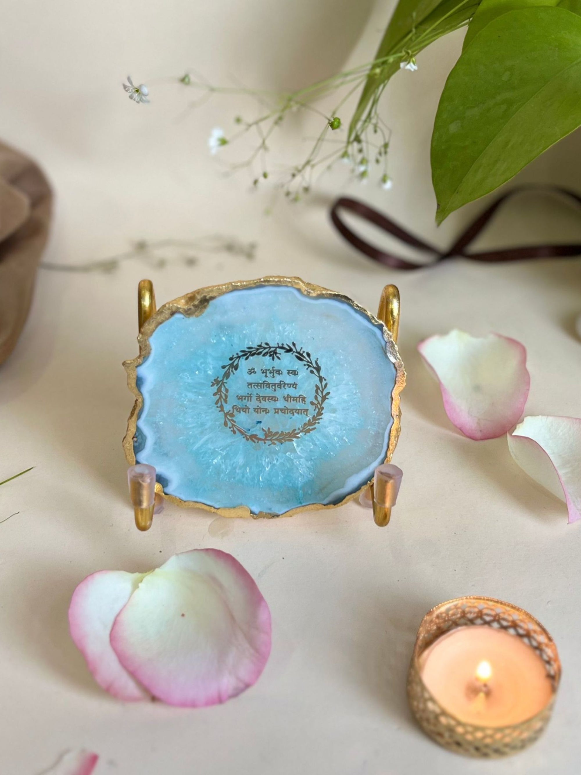 Gayatri Mantra Metal Holder with Agate