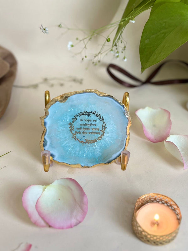 Gayatri Mantra Metal Holder with Agate