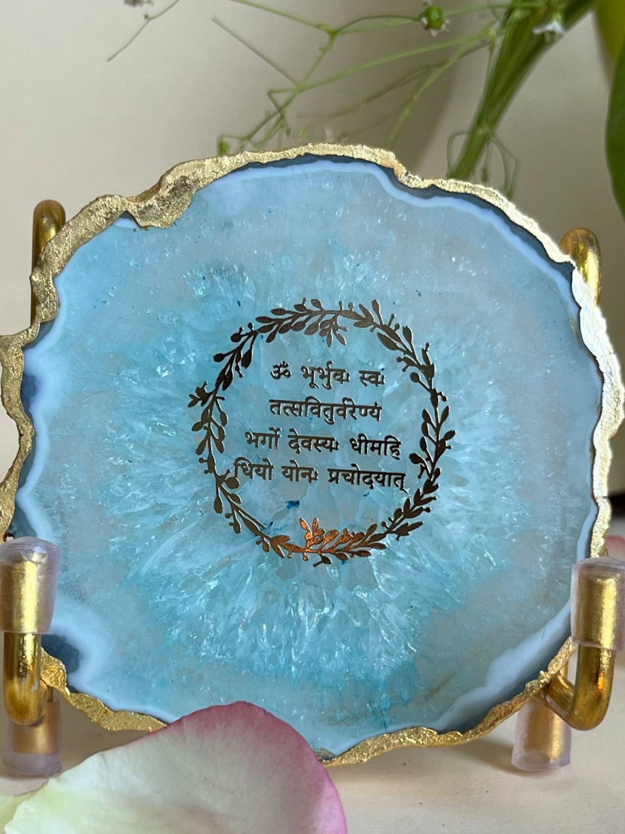 Gayatri Mantra Metal Holder with Agate