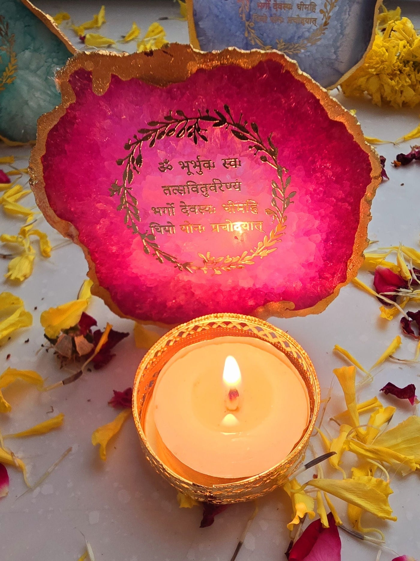 Gayatri Mantra Pink Agate Stone Tea light Religious Home Decor