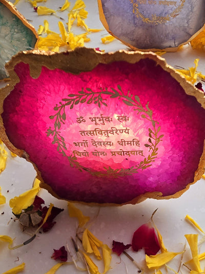 Gayatri Mantra Pink Agate Stone Tea light Religious Home Decor