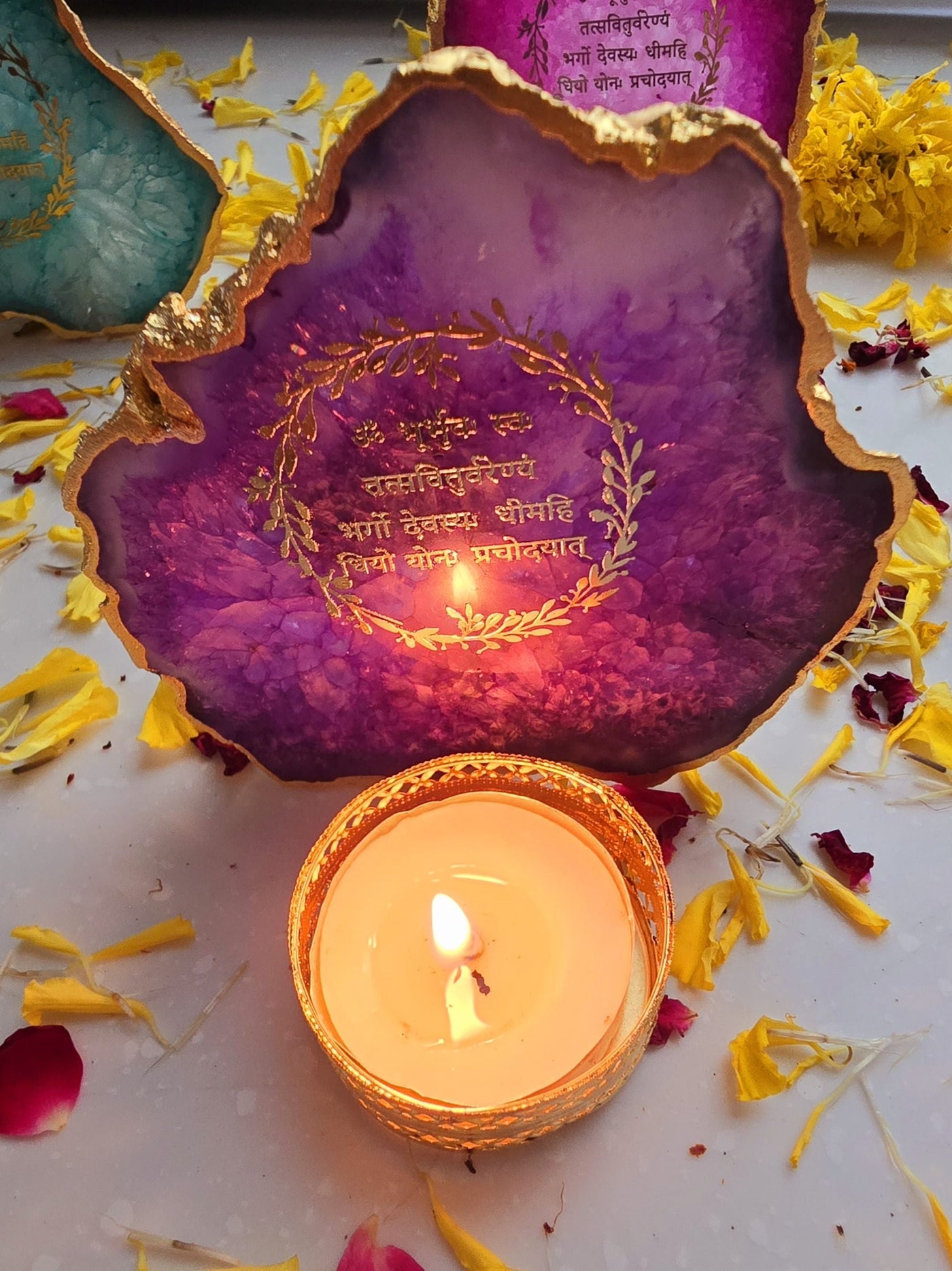 Gayatri Mantra Purple Agate Stone Tea light Religious Home Decor