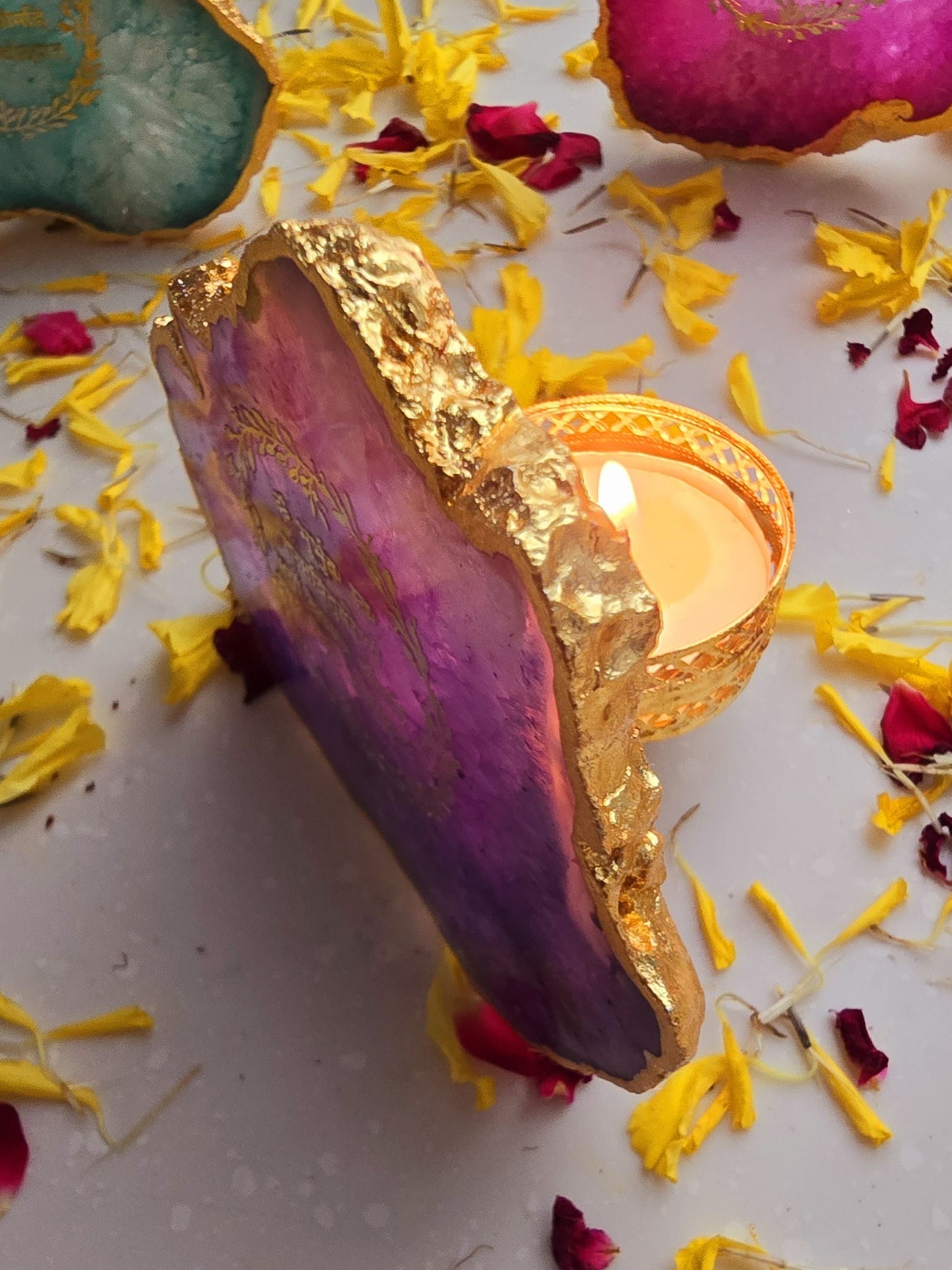 Gayatri Mantra Purple Agate Stone Tea light Religious Home Decor