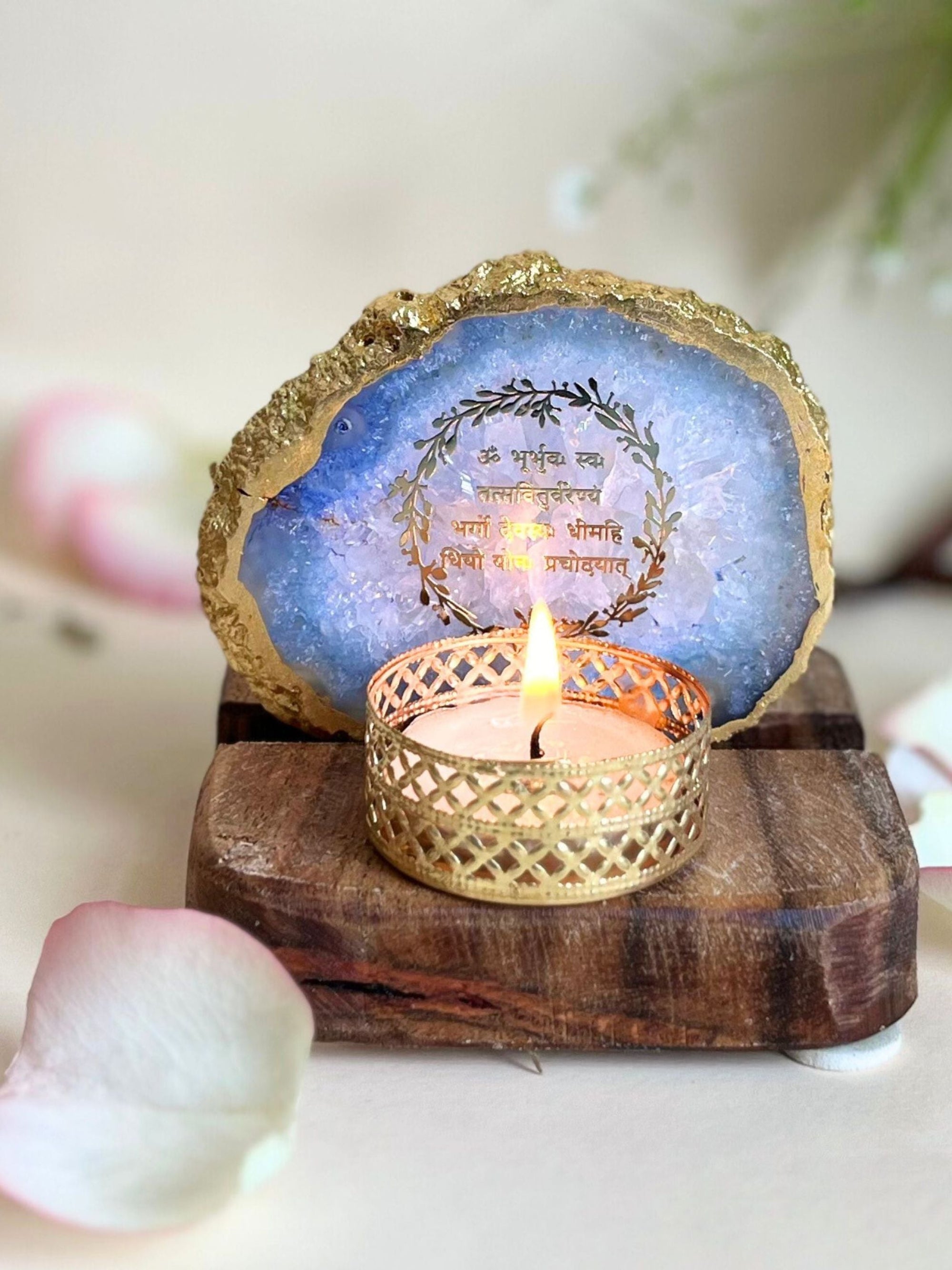 Gayatri Mantra Tea Light Holder - Agate with Wood