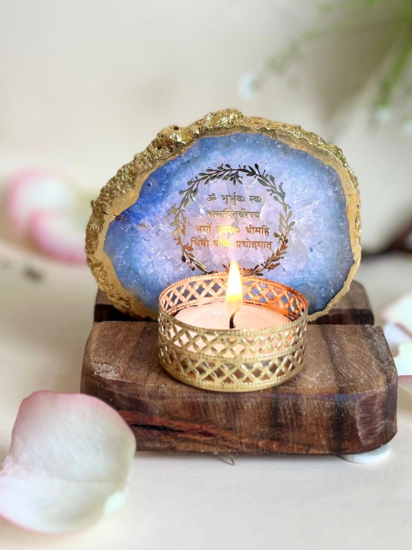 Gayatri Mantra Tea Light Holder Blue Agate with Wood