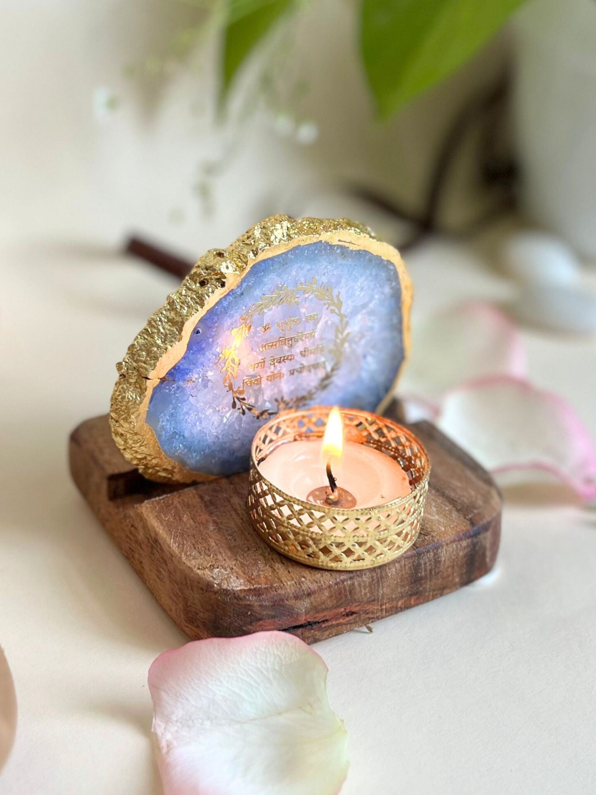 Gayatri Mantra Tea Light Holder - Agate with Wood