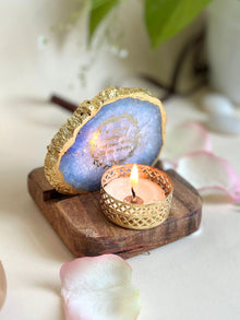 Gayatri Mantra Tea Light Holder - Agate with Wood