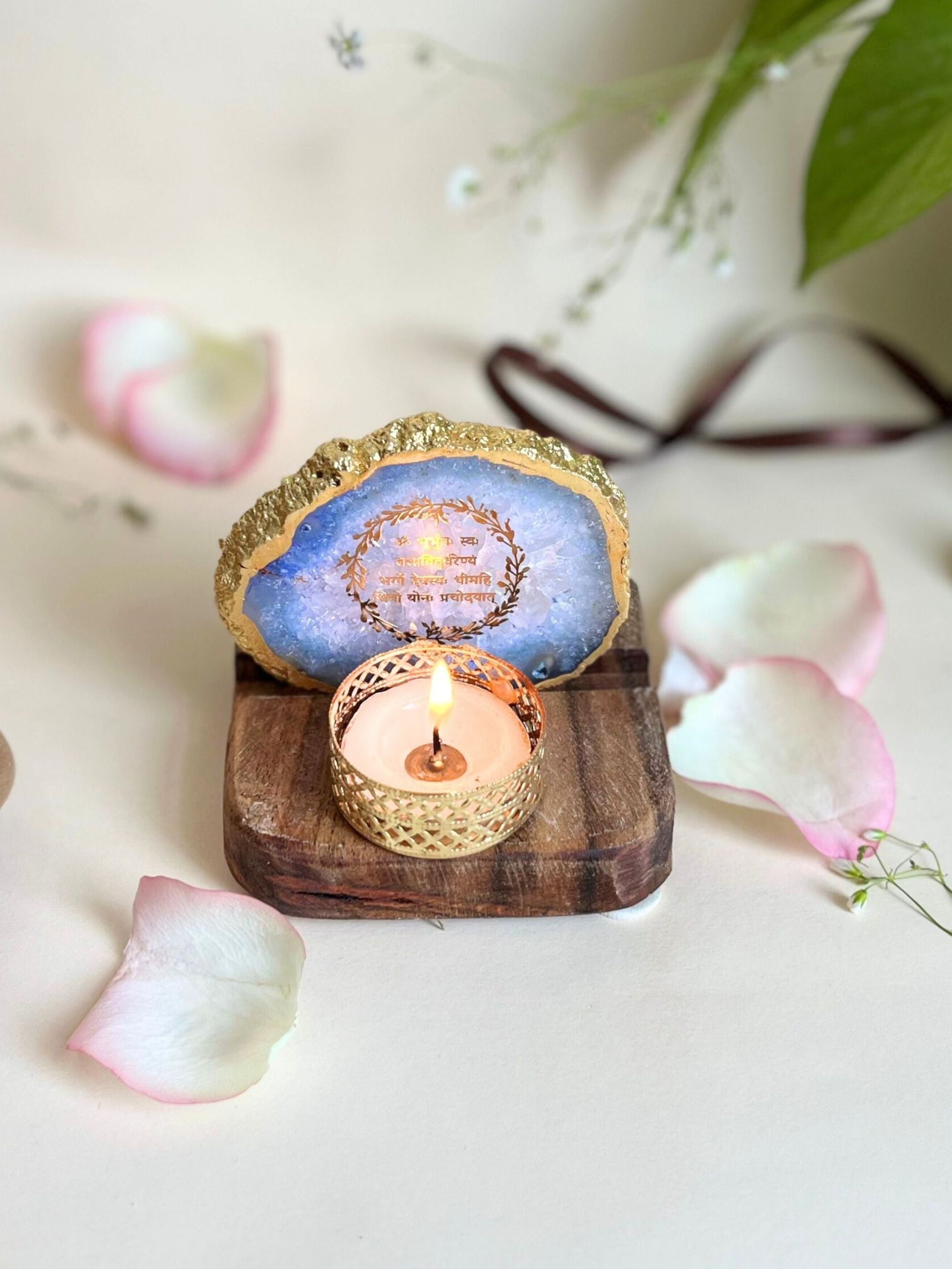 Gayatri Mantra Tea Light Holder - Agate with Wood