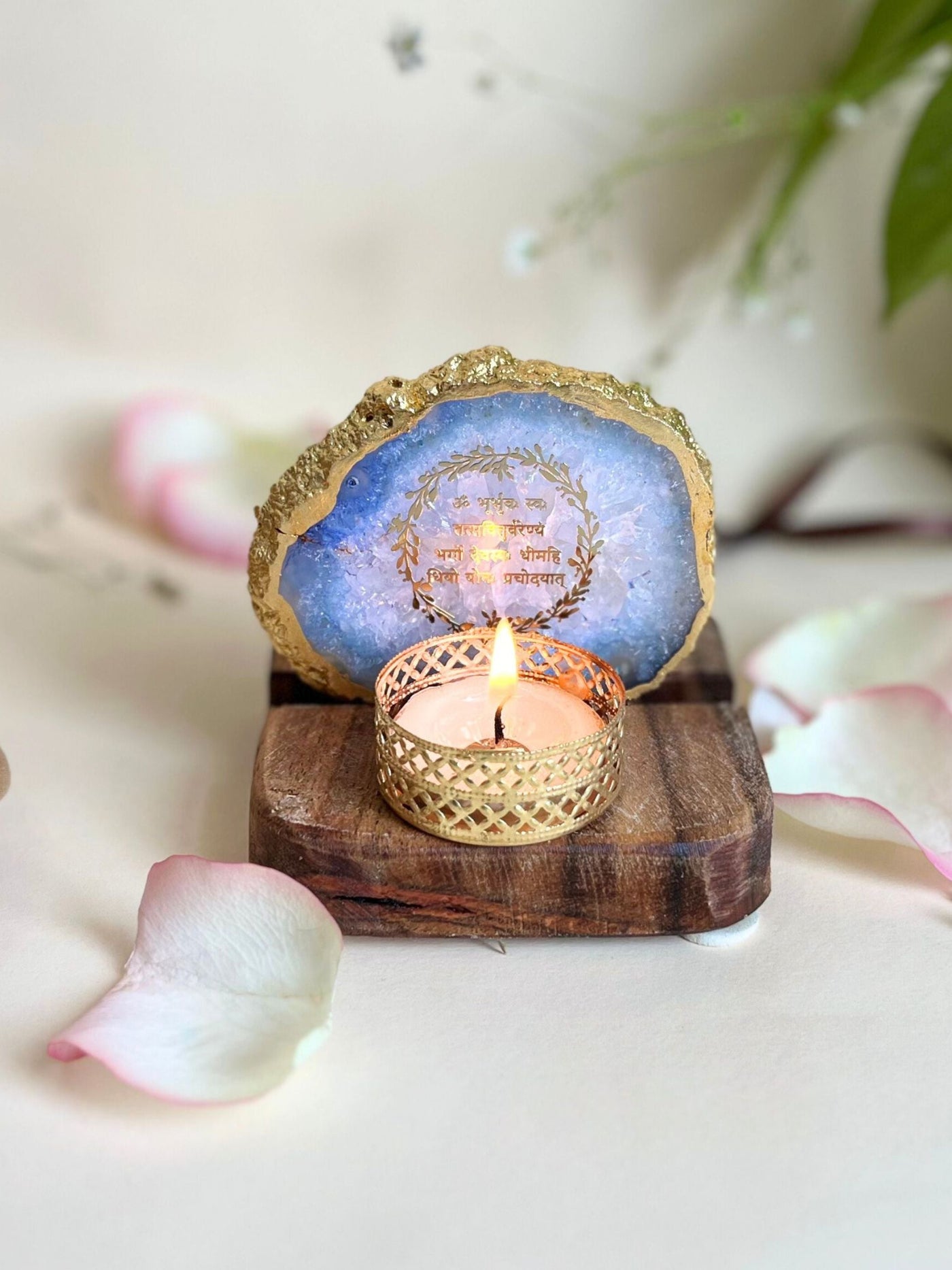 Gayatri Mantra Tea Light Holder Blue Agate with Wood