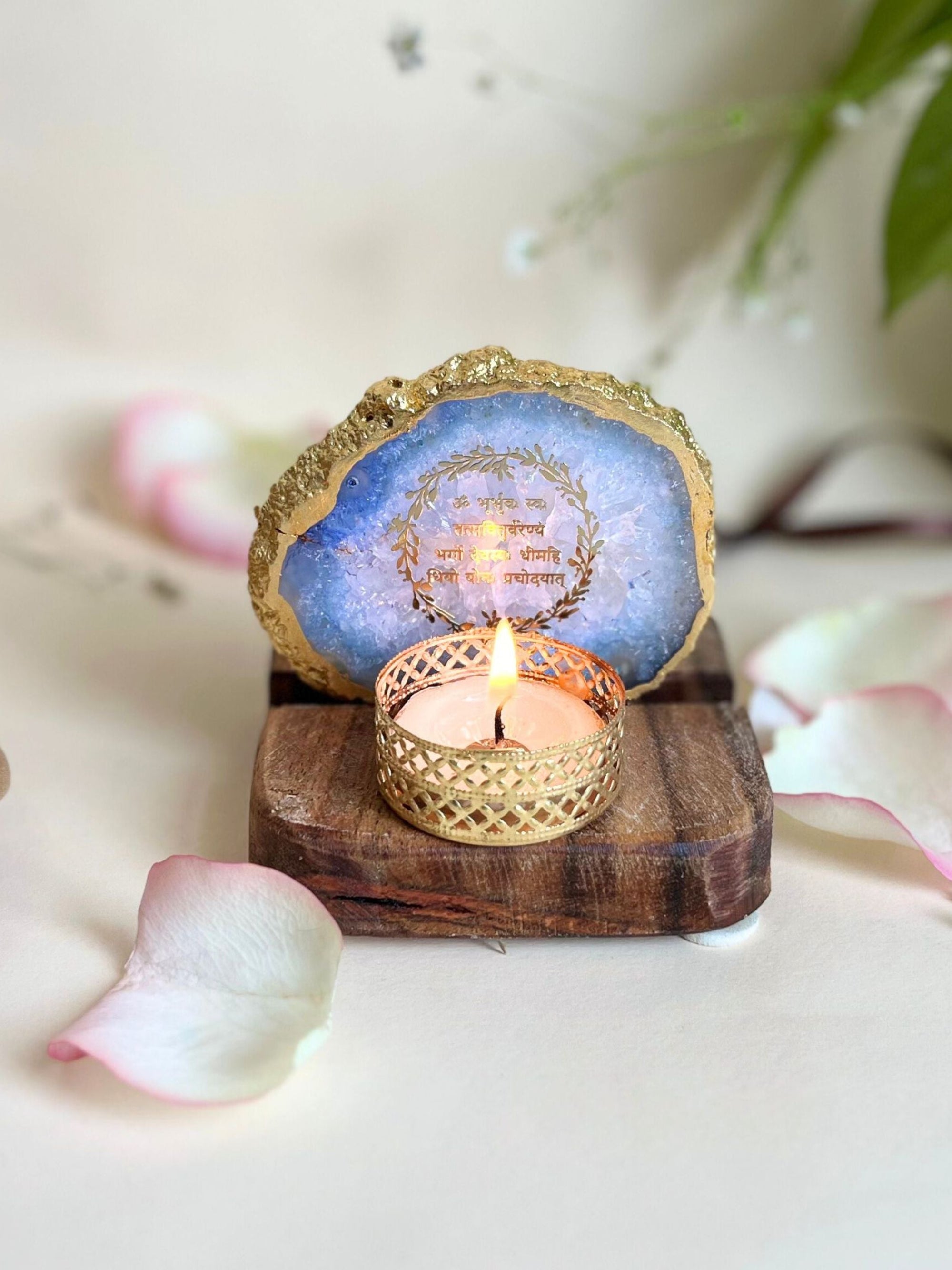 Gayatri Mantra Tea Light Holder - Agate with Wood