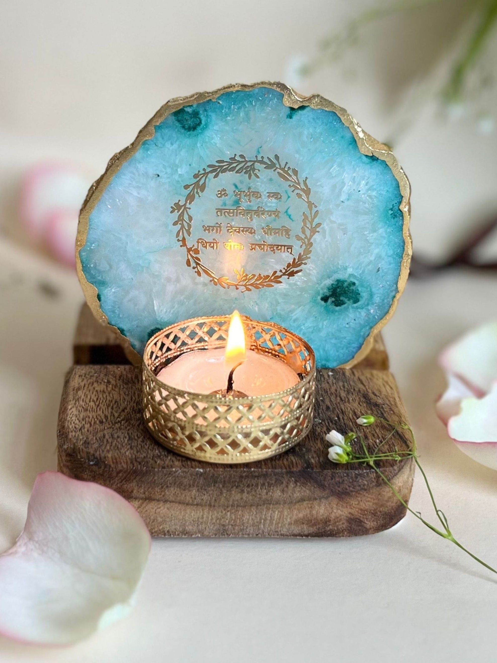 Gayatri Mantra Tea Light Holder - Agate with Wood