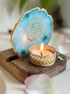 Gayatri Mantra Tea Light Holder - Agate with Wood