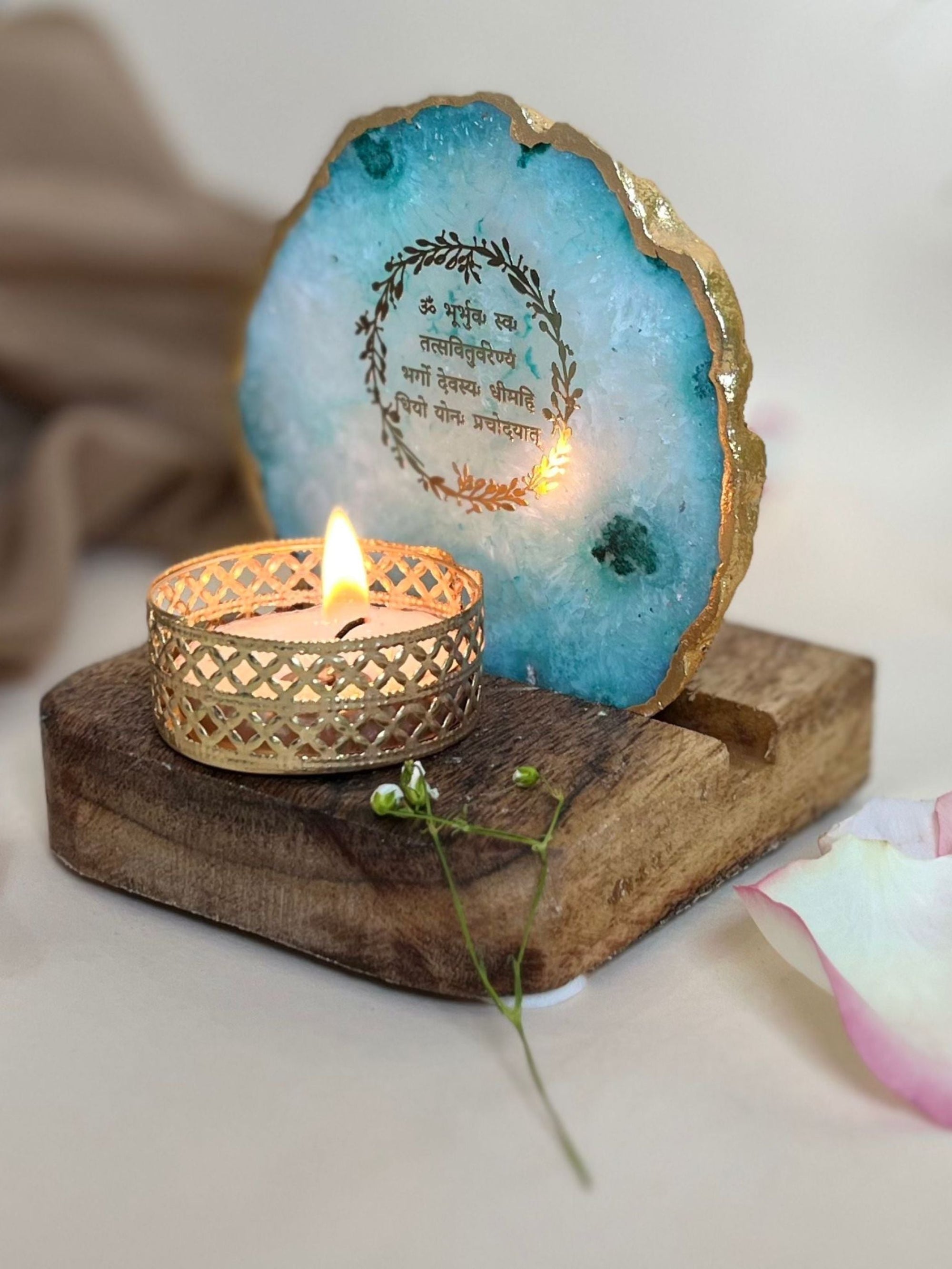 Gayatri Mantra Tea Light Holder - Agate with Wood
