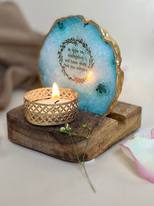Gayatri Mantra Tea Light Holder - Agate with Wood