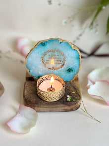 Gayatri Mantra Tea Light Holder - Agate with Wood