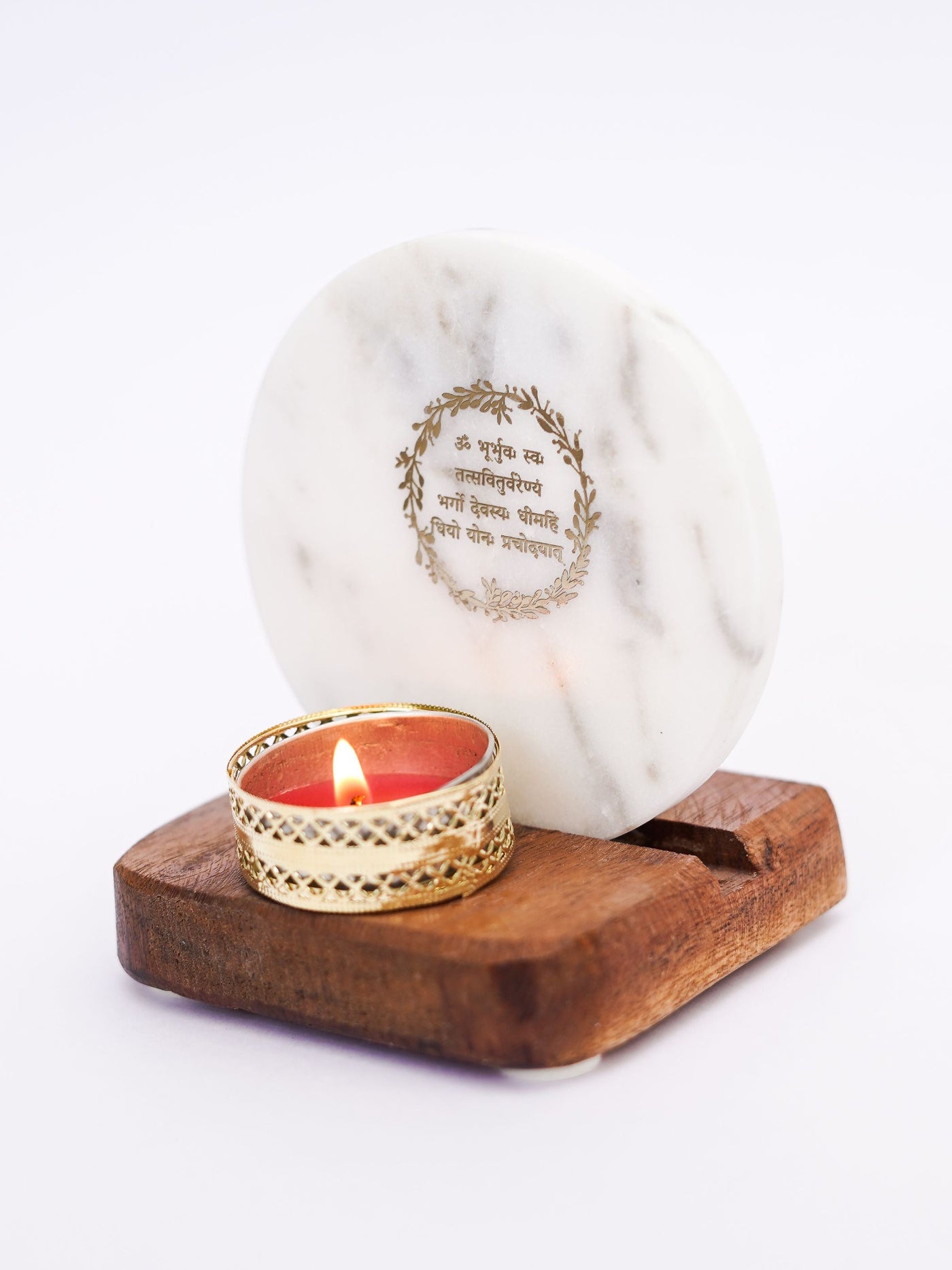 Tea Light Holder - Marble & Wood Gayatri Mantra
