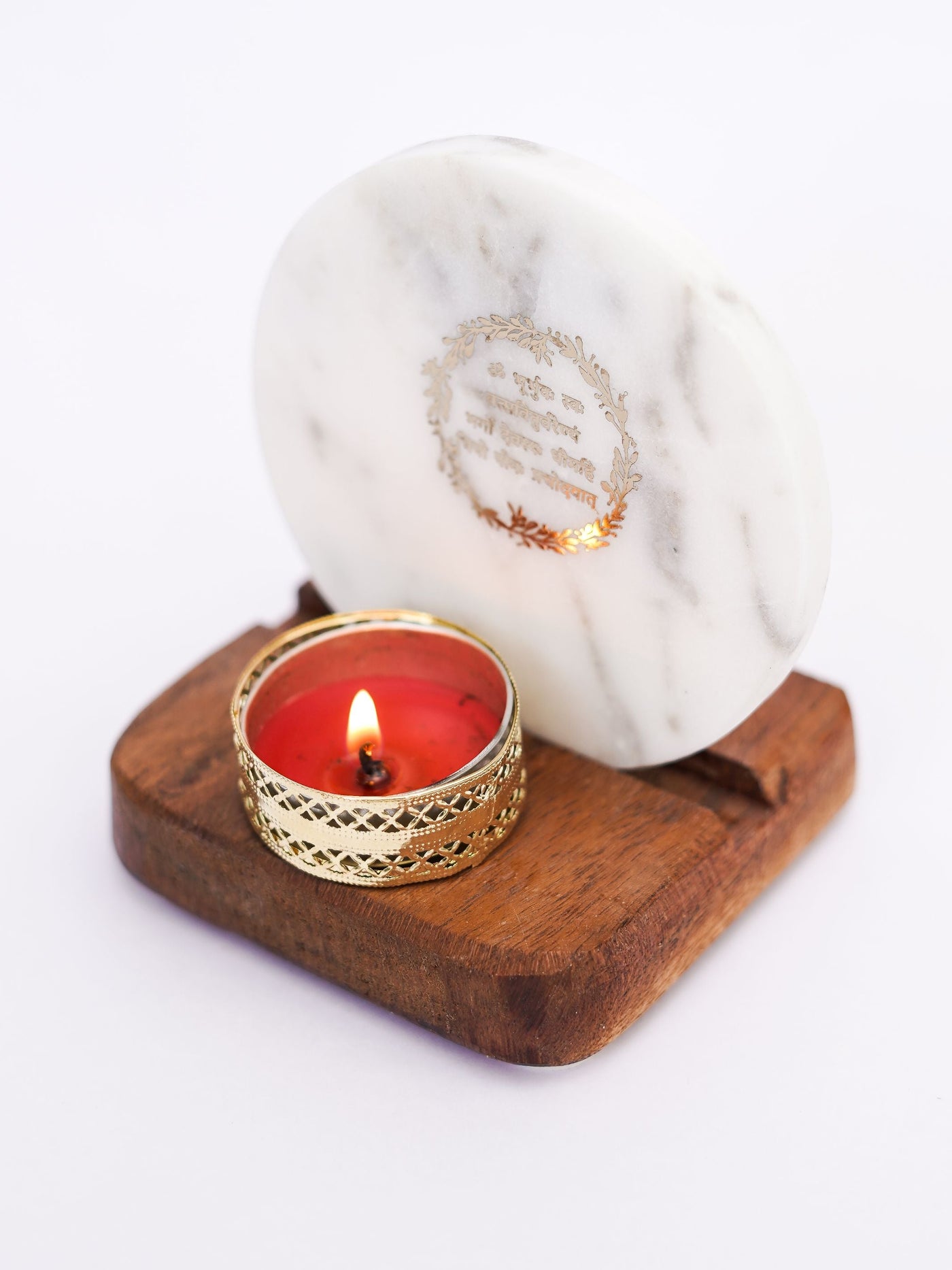 Tea Light Holder - Marble & Wood Gayatri Mantra