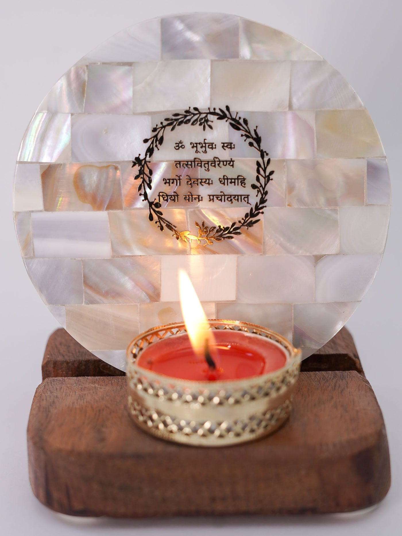 Tea Light Holder - Mother of Pearl & Wood with Gayatri Mantra