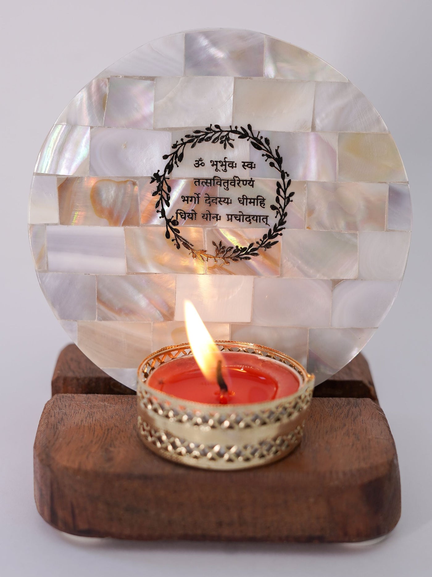 Tea Light Holder - Mother of Pearl & Wood with Gayatri Mantra