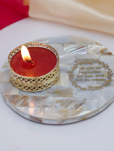 Tea Light Holder - Mother of Pearl with Gayatri Mantra