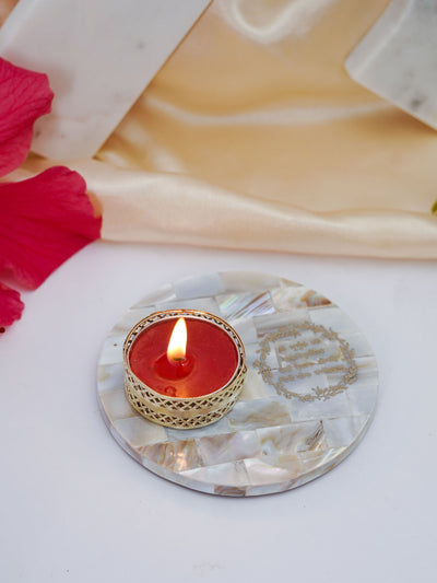 Tea Light Holder - Mother of Pearl with Gayatri Mantra