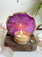 Gayatri Mantra Tea Light Holder - Agate with Wood