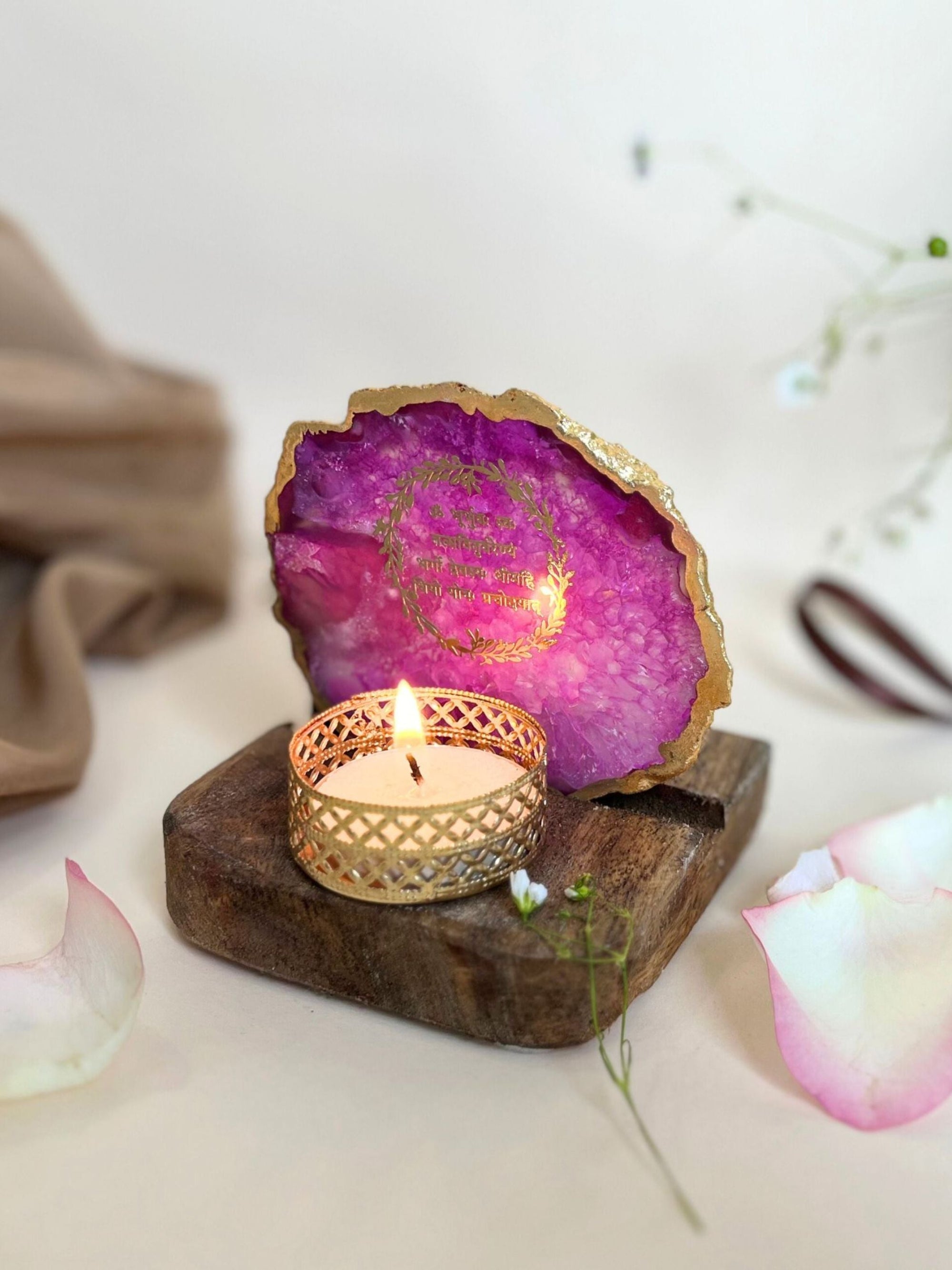 Gayatri Mantra Tea Light Holder - Agate with Wood