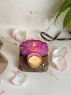 Gayatri Mantra Tea Light Holder - Agate with Wood