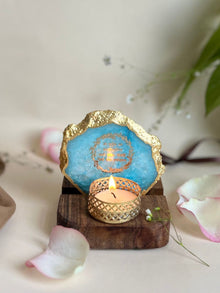 Gayatri Mantra Tea Light Holder - Agate with Wood