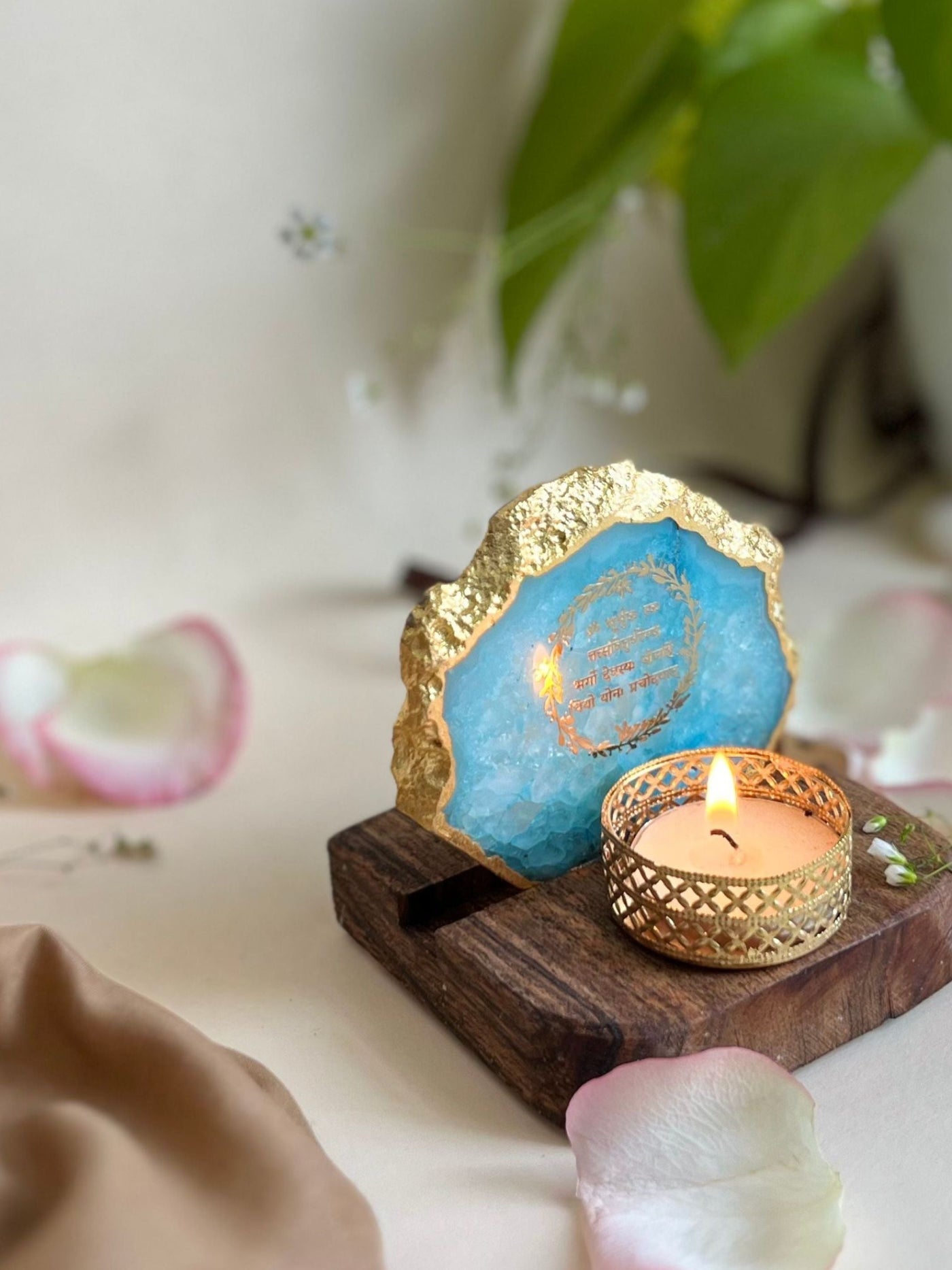 Gayatri Mantra Tea Light Holder Turquoise Agate with Wood