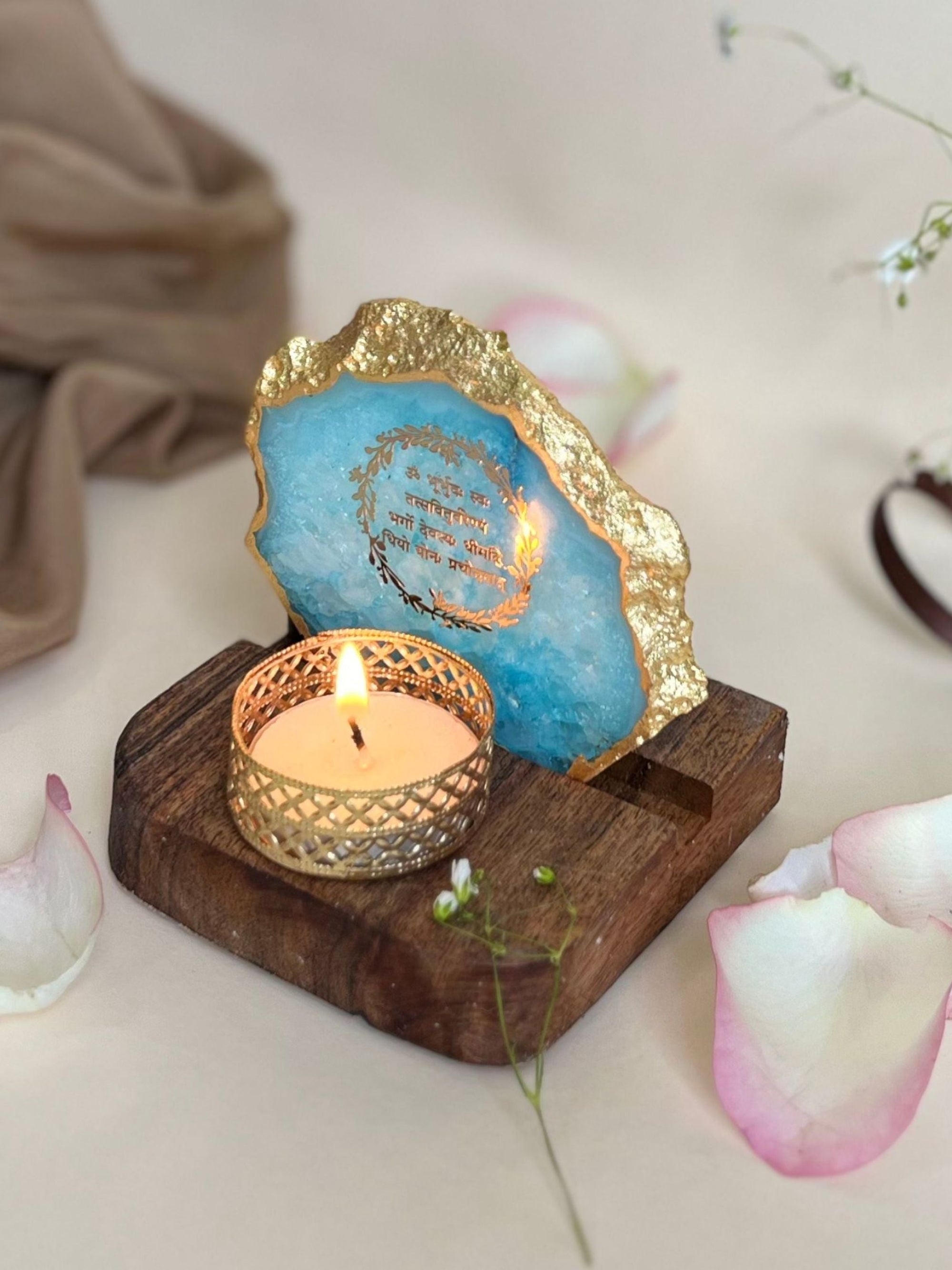 Gayatri Mantra Tea Light Holder - Agate with Wood