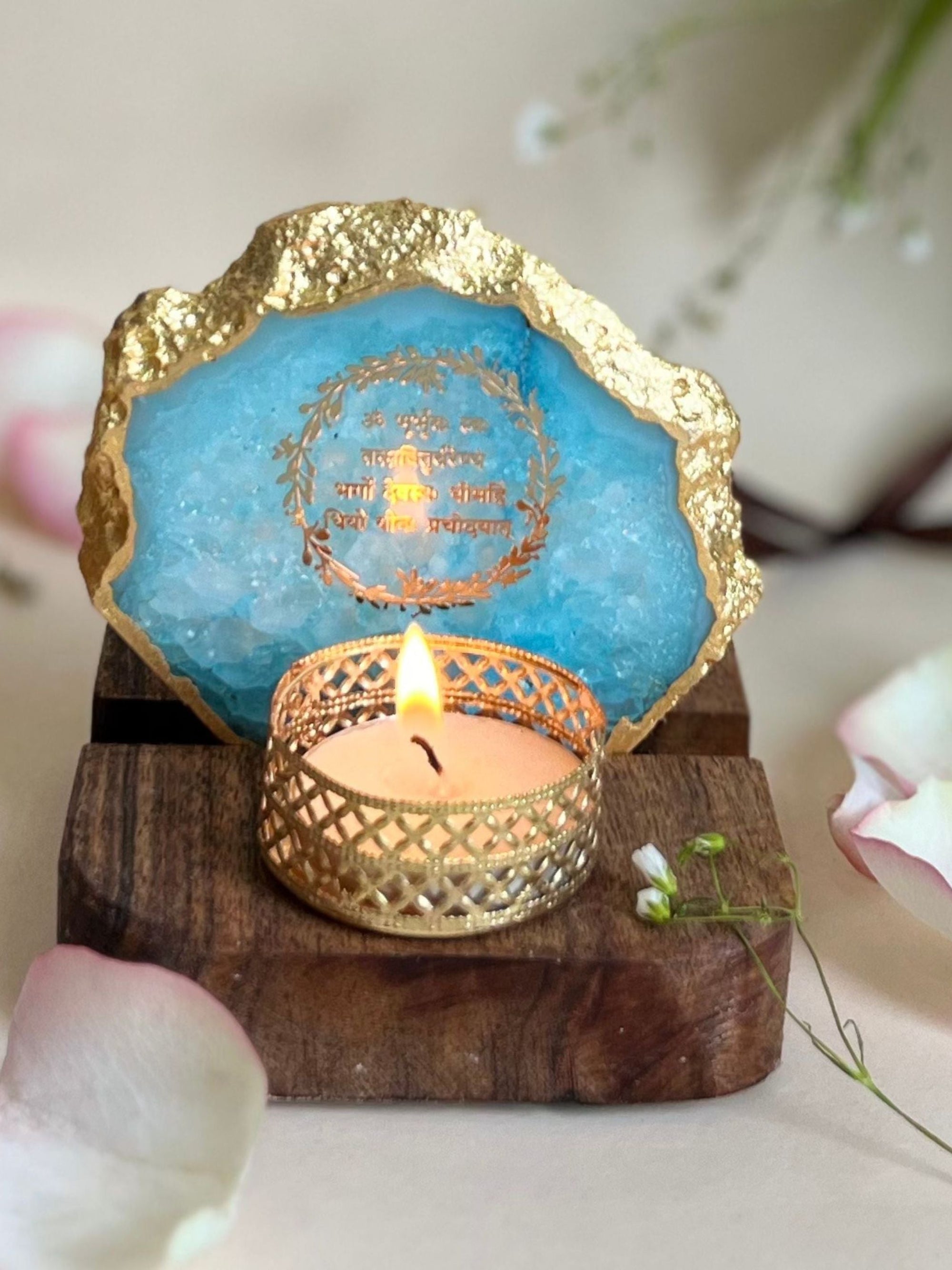 Gayatri Mantra Tea Light Holder - Agate with Wood