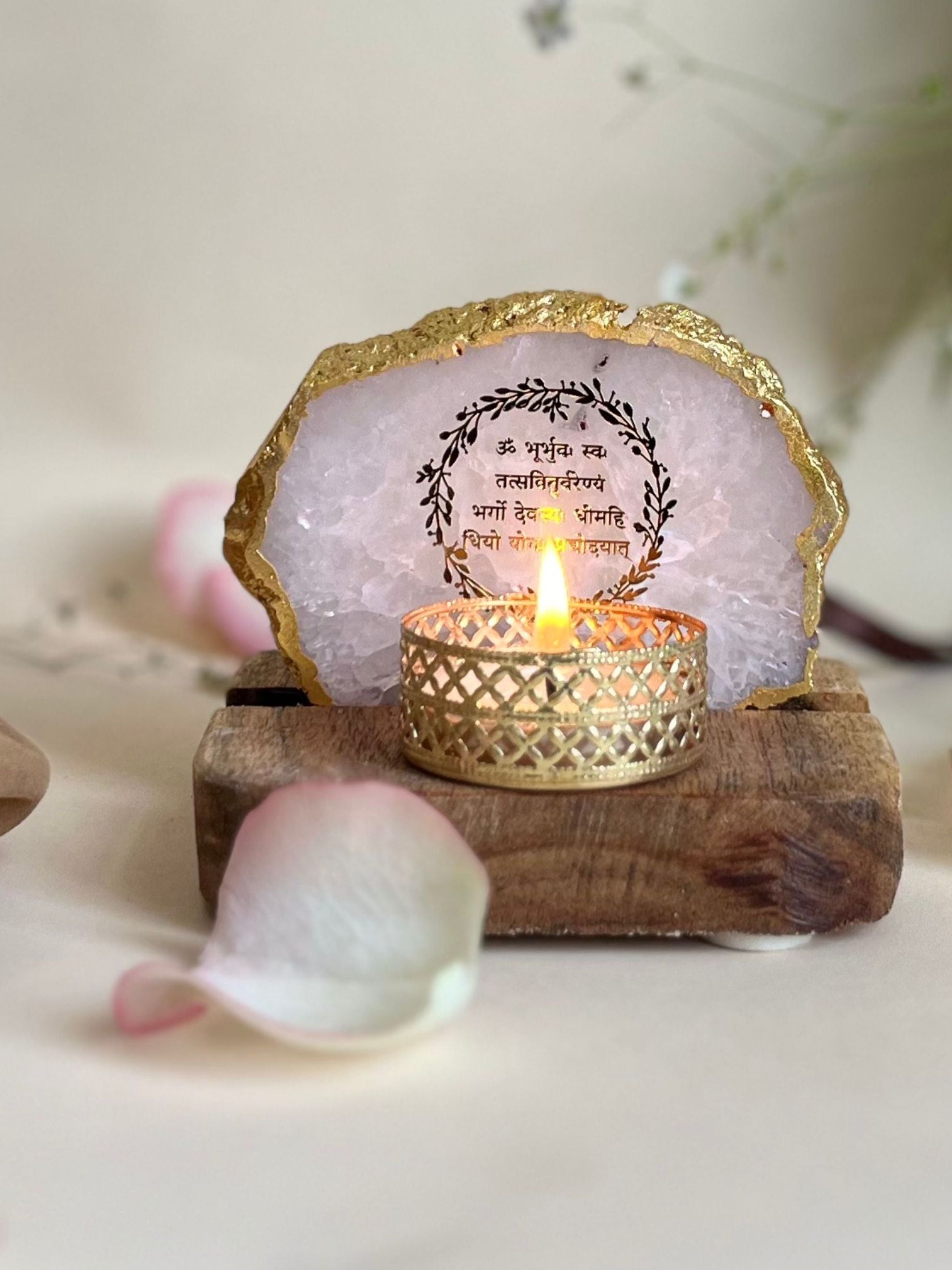 Gayatri Mantra Tea Light Holder - Agate with Wood