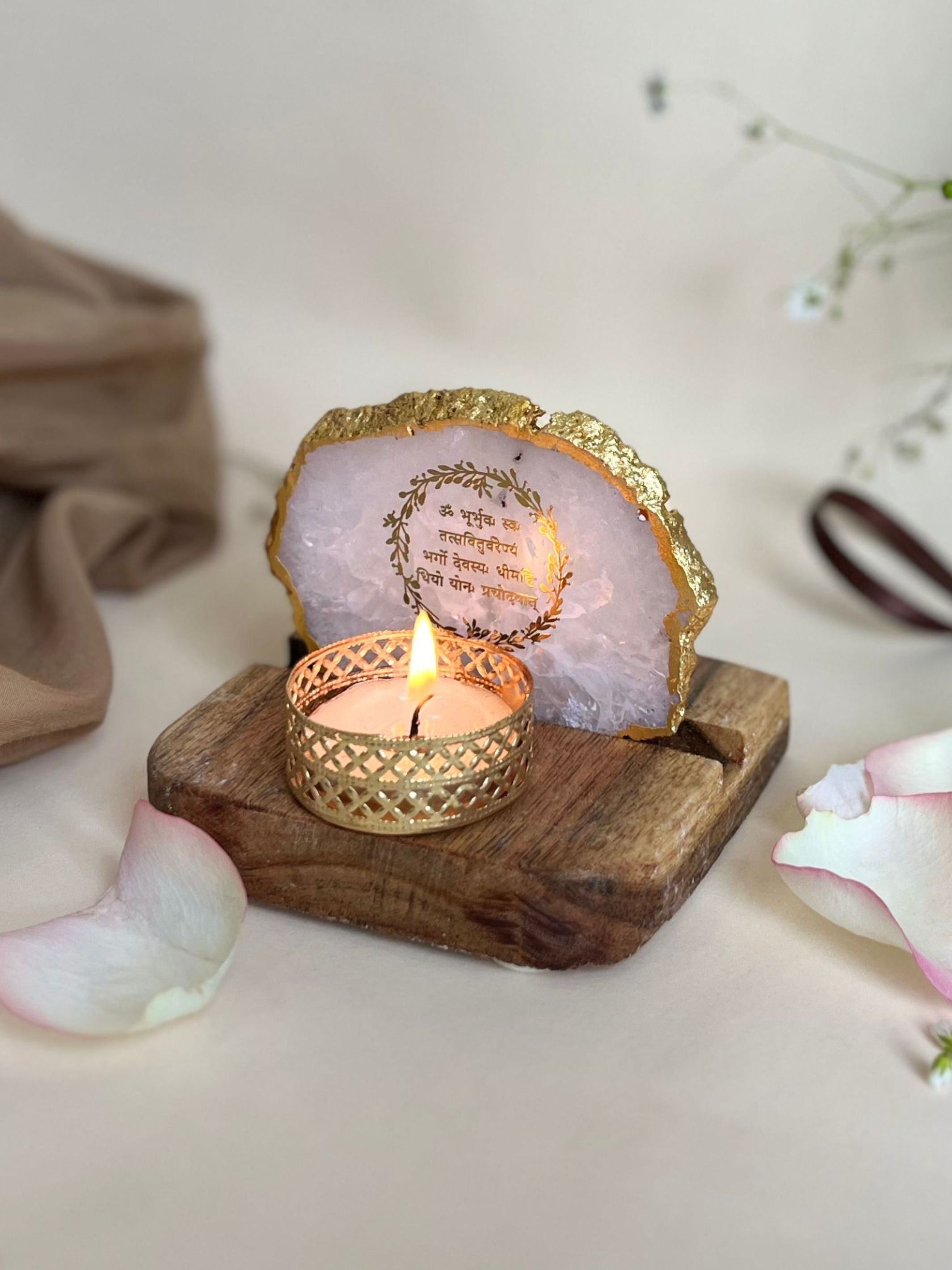 Gayatri Mantra Tea Light Holder - Agate with Wood