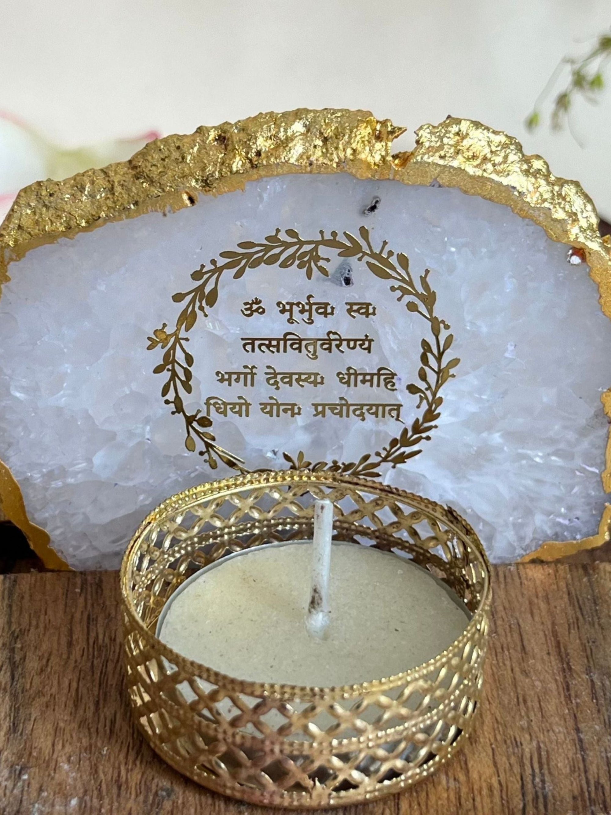 Gayatri Mantra Tea Light Holder - Agate with Wood