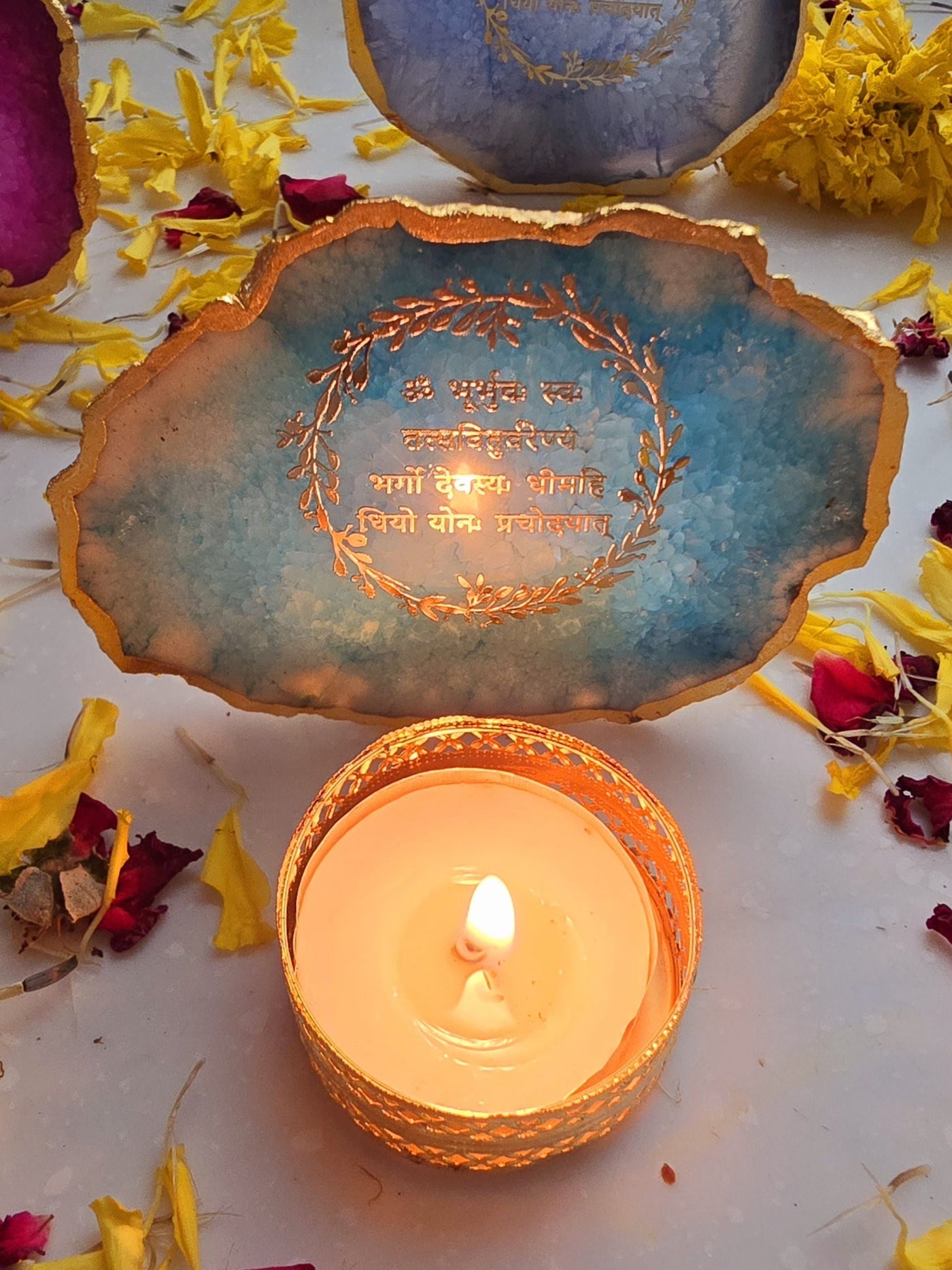 Gayatri Mantra Turquoise Agate Stone Tea light Religious Home Decor