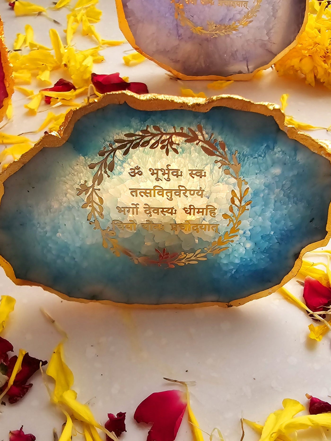 Gayatri Mantra Turquoise Agate Stone Tea light Religious Home Decor