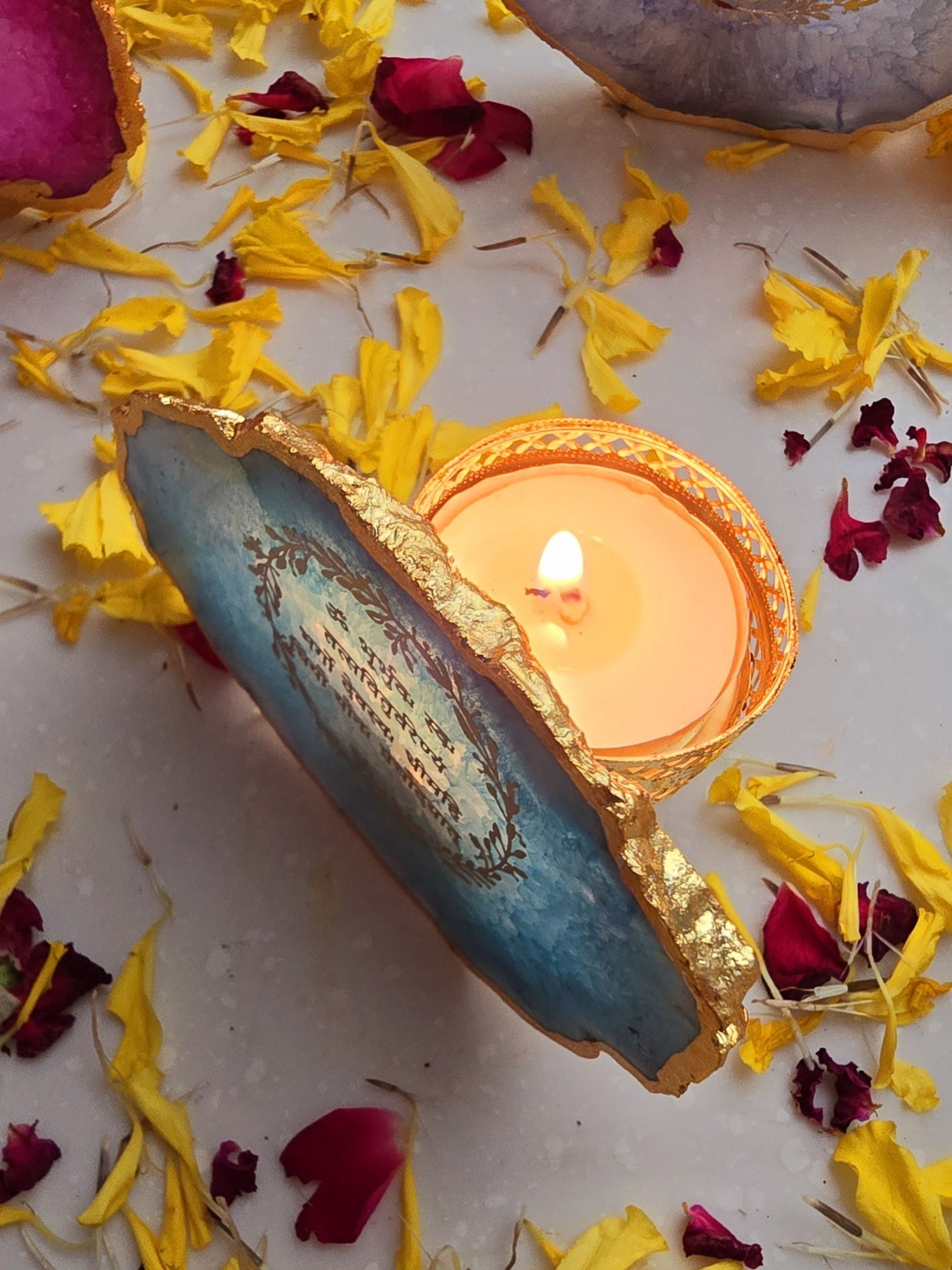 Gayatri Mantra Turquoise Agate Stone Tea light Religious Home Decor