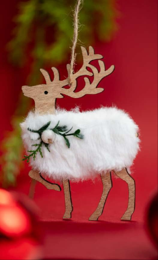 Wooden Reindeer Hanging Ornament with White Fur Body_CC17
