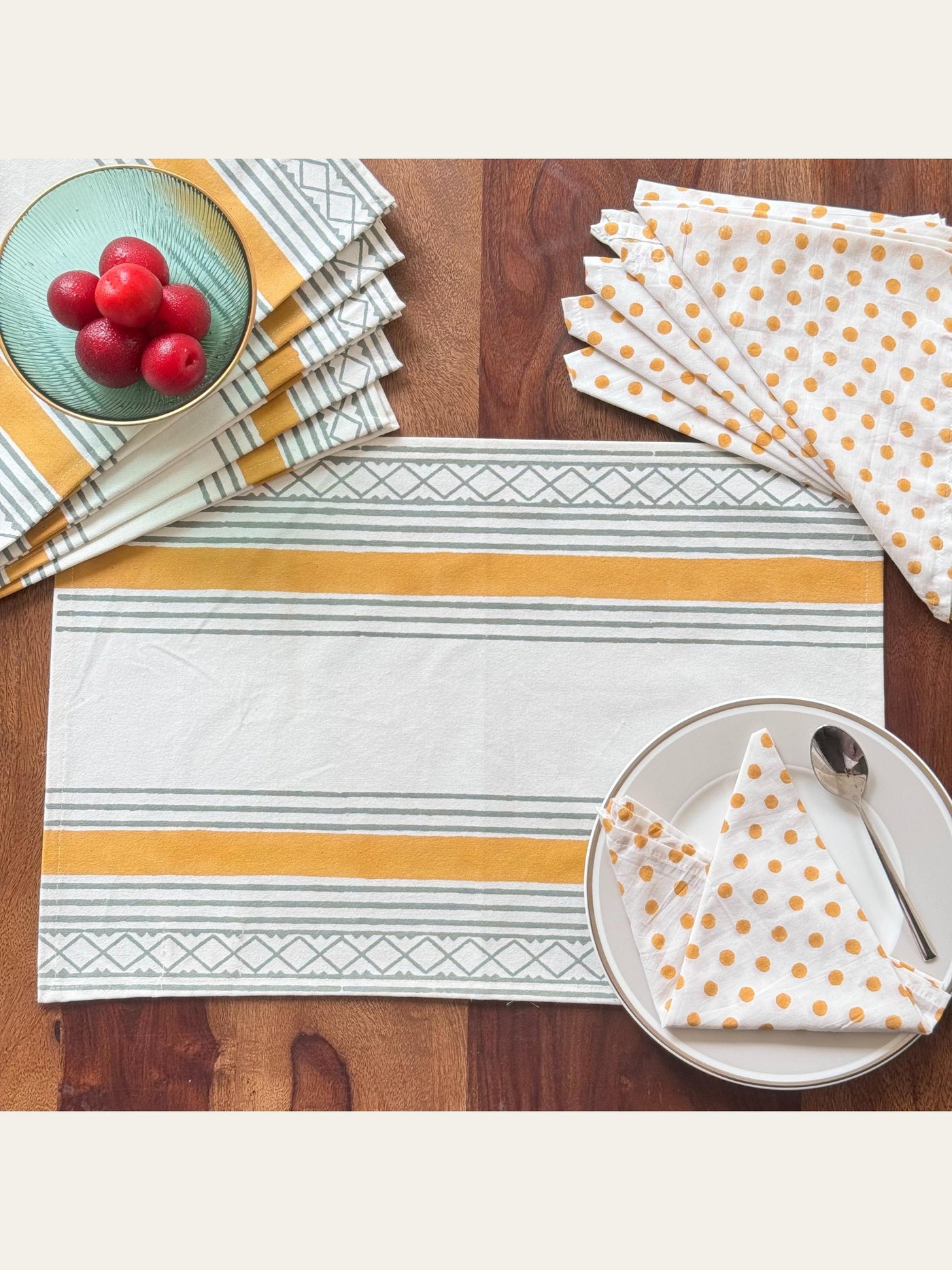 Geometric Block Print Placemats with Napkins Set